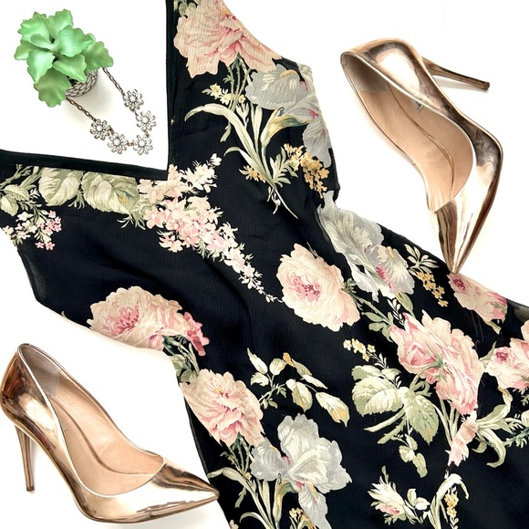 Ralph Lauren Vintage Y2K 90s Silk Slip Dress Black Dark Floral Asymmetrical 10 - Picture 1 of 11